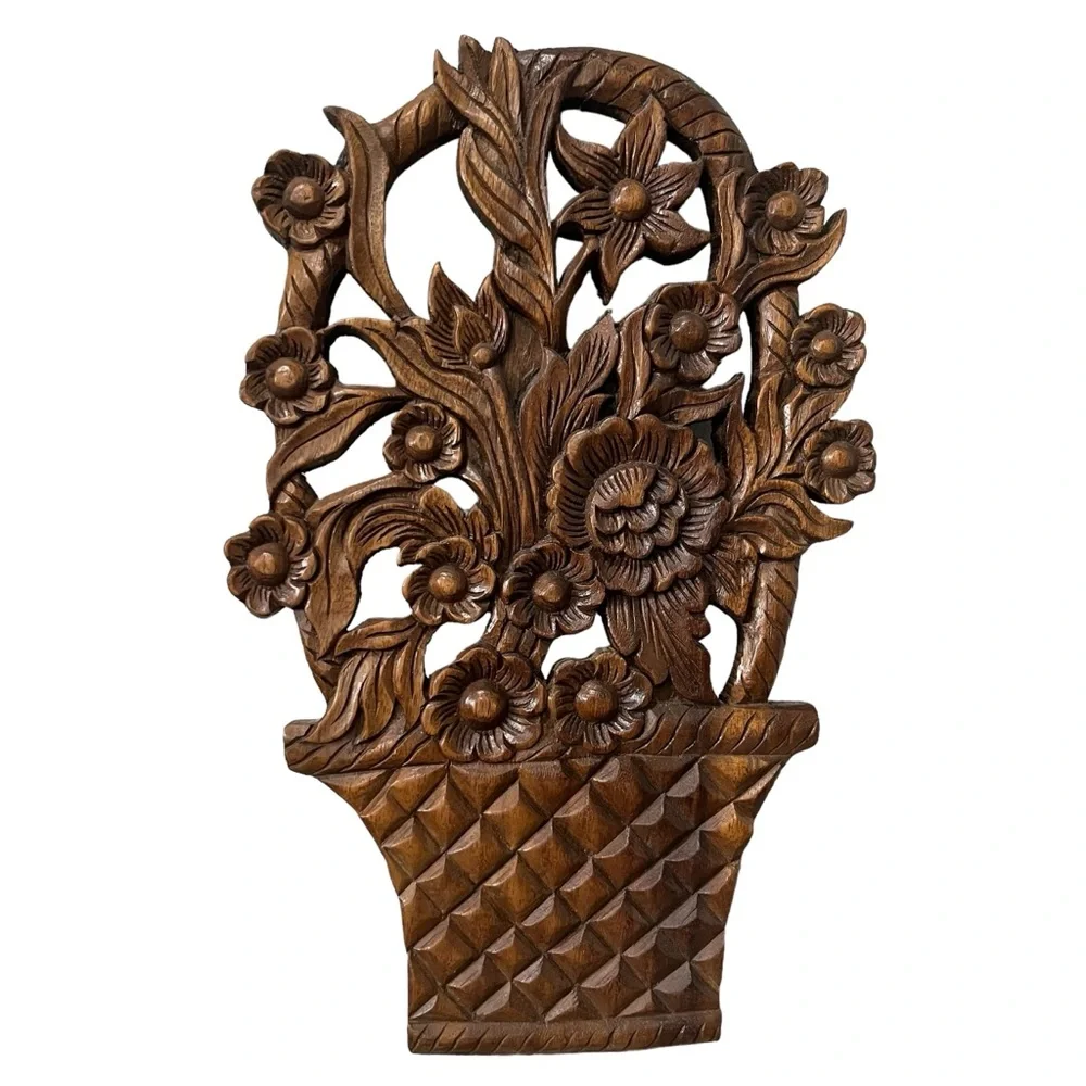 Vintage wood hanging flowers In Basket MCM‎ 17” Boho
